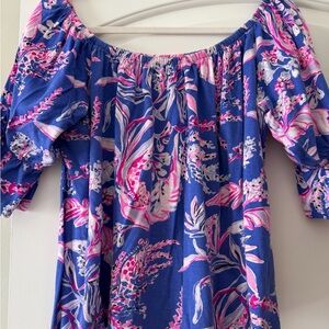 Lilly Pulitzer Blue Off-Shoulder Floral Top with Pink Accents